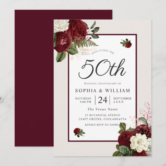 Romantic Burgundy Floral 50th Wedding Jubileum Kaart (Voorkant / Achterkant)