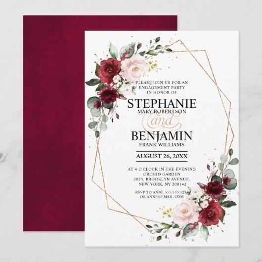 Romantic Burgundy Floral Geometric Verloving Kaart (Voorkant / Achterkant)