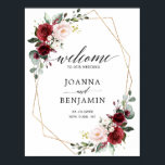Romantic Burgundy Floral Geometric Weduwschap Welk Poster<br><div class="desc">Het elegante en moderne romantische waterverf florale bruiloft welkome poster bevat een bouquet van de bruine of marsala , wazige roze, Paarse, perzikachtige waterverf rozen met bijpassende bladeren. Ideaal voor een herfst-/midzomerbruiloft. Zoek meer overeenkomende design en variaties uit mijn winkel met 'blissweddingpaperie'. Je kunt contact met me opnemen voor meer...</div>