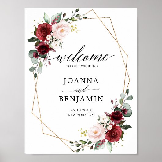 Romantic Burgundy Floral Geometric Weduwschap Welk Poster (Voorkant)
