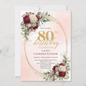 Romantic Burgundy Floral Gold Frame 80th Birthday  Kaart (Voorkant)