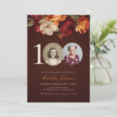 Romantic Burgundy Floral Photo 100th Birthday Kaart (Staand voorkant)