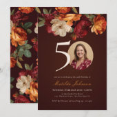 Romantic Burgundy Floral Photo 50th Birthday Kaart (Voorkant / Achterkant)