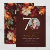 Romantic Burgundy Floral Photo 70th Birthday Kaart (Voorkant / Achterkant)