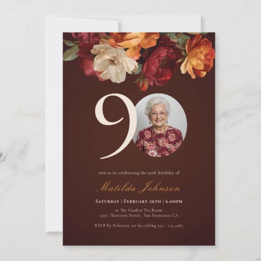 Romantic Burgundy Floral Photo 90th Birthday Kaart (Voorkant)