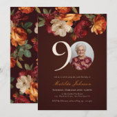 Romantic Burgundy Floral Photo 90th Birthday Kaart (Voorkant / Achterkant)