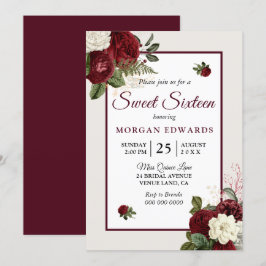Romantic Burgundy Floral Sweet 16 Party Invite Kaart