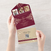 Romantic Burgundy Floral Wedding All In One Uitnodiging (Afscheurbaar)