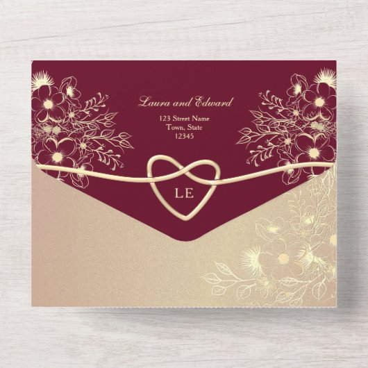 Romantic Burgundy Floral Wedding All In One Uitnodiging (Achterkant)