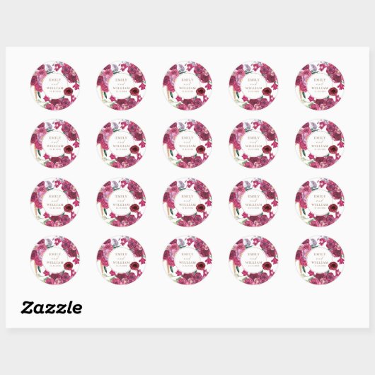 Romantic Burgundy  Floral Wedding couple names Ronde Sticker (Vel)