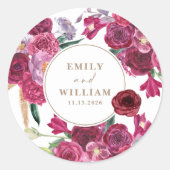Romantic Burgundy  Floral Wedding couple names Ronde Sticker (Voorkant)