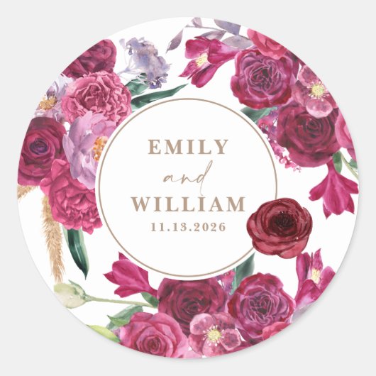 Romantic Burgundy Floral Wedding couple names Ronde Sticker (Voorkant)