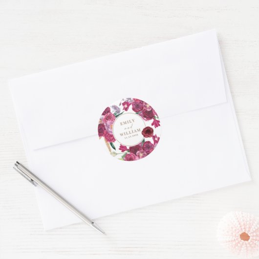 Romantic Burgundy  Floral Wedding couple names Ronde Sticker (Envelop)