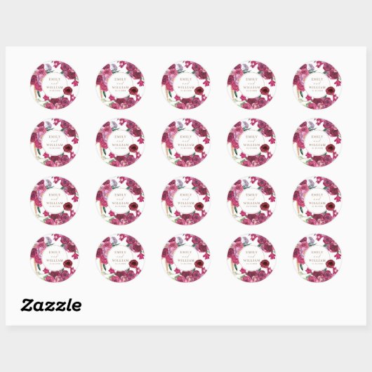 Romantic Burgundy  Floral Wedding couple names Ronde Sticker (Vel)