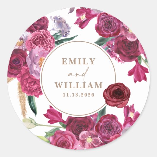 Romantic Burgundy  Floral Wedding couple names Ronde Sticker (Voorkant)