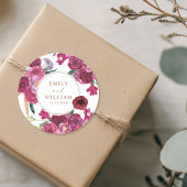 Romantic Burgundy  Floral Wedding couple names Ronde Sticker