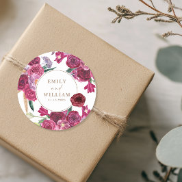 Romantic Burgundy  Floral Wedding couple names Ronde Sticker
