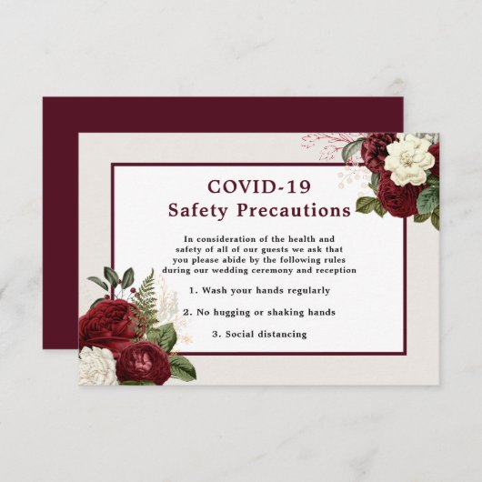 Romantic Burgundy Floral Wedding COVID-19 Safety Kaart (Voorkant / Achterkant)