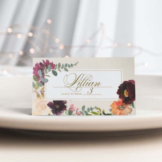 Romantic Burgundy Floral Wedding Place Card Plaatskaartje