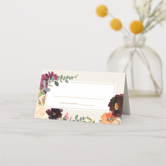 Romantic Burgundy Floral Wedding Place Card Plaatskaartje (Voorkant)