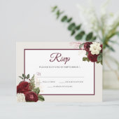 Romantic Burgundy Floral Wedding RSVP Kaartje (Staand voorkant)