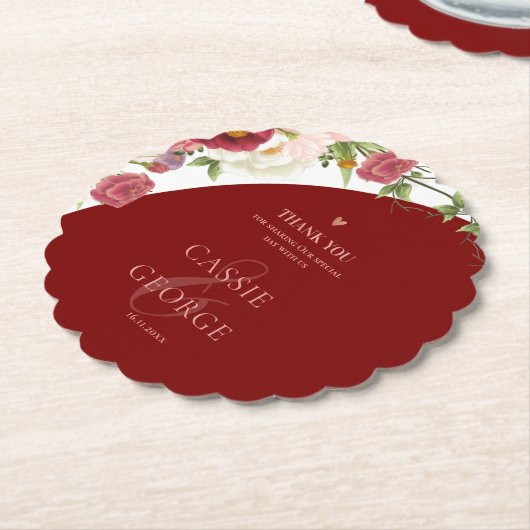 Romantic Burgundy Floral Wedding Thank You Message Kartonnen Onderzetters (Gekanteld)