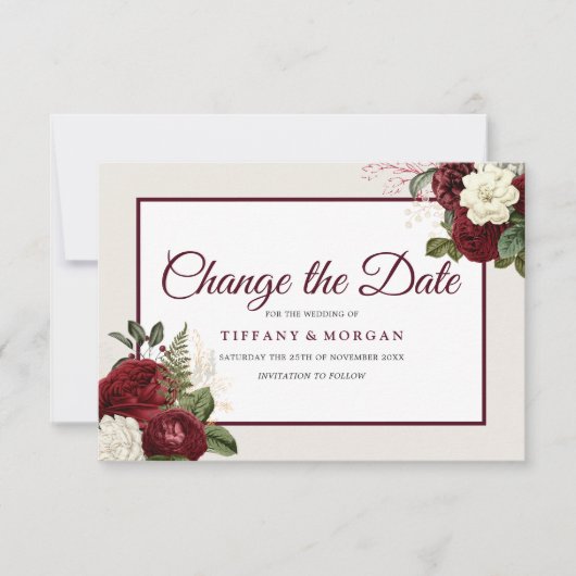 Romantic Burgundy Floral Wedding verander de datum Save The Date (Voorkant)