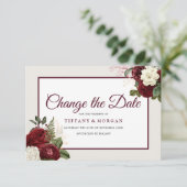 Romantic Burgundy Floral Wedding verander de datum Save The Date (Staand voorkant)