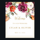 Romantic Burgundy Floral Wedding Welkom Poster<br><div class="desc">Welkom gasten met romantische bogundy- en perzikfloraal met goudaccenten,  perfect voor zomer- of herfstbruiloften met botanische en boho-waterverven.</div>