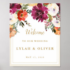 Romantic Burgundy Floral Wedding Welkom Poster