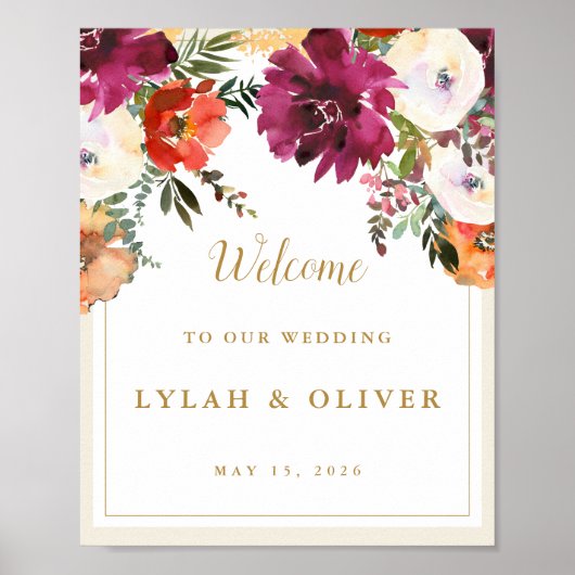 Romantic Burgundy Floral Wedding Welkom Poster (Voorkant)