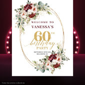 Romantic Burgundy Gold Floral 60th Birthday Banner Wandkleed