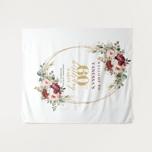 Romantic Burgundy Gold Floral 60th Birthday Banner Wandkleed (Voorkant (horizontaal))