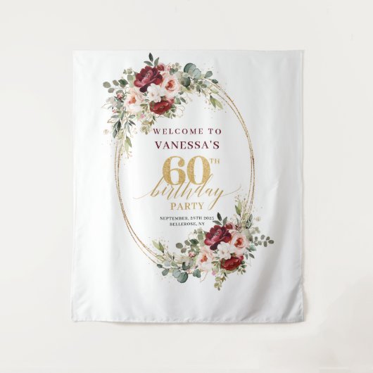 Romantic Burgundy Gold Floral 60th Birthday Banner Wandkleed (Voorkant)