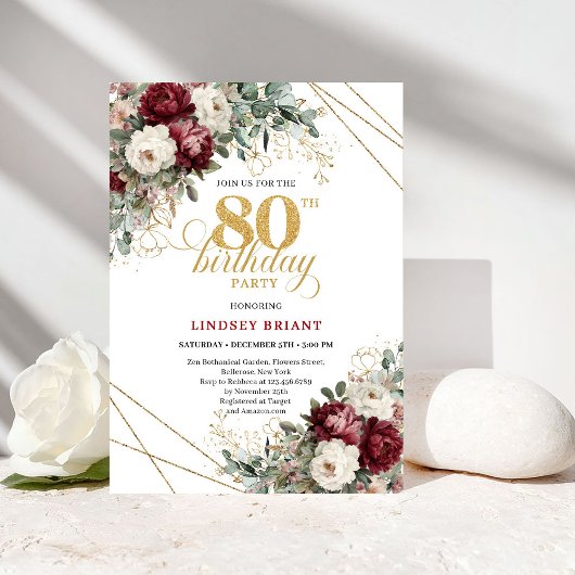 Romantic Burgundy Greenery 80th Birthday Kaart