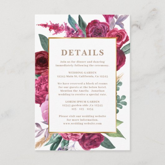 Romantic burgundy Maroon Floral Wedding details Informatiekaartje (Voorkant)