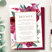 Romantic burgundy Maroon Floral Wedding details Informatiekaartje