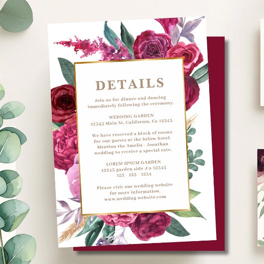 Romantic burgundy Maroon Floral Wedding details Informatiekaartje