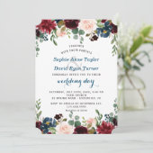 Romantic Burgundy Navy Blue Blush Floral Wedding Kaart (Staand voorkant)