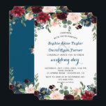 Romantic Burgundy Navy Blue Blush Floral Wedding Kaart<br><div class="desc">Het elegante kaartontwerp met prachtige waterverf en blauw blauw bloemen,  mooie handschrift en prachtig handschrift "trouwdag"-script. Het gebruik personaliseert hulpmiddel om uw info toe te voegen,  veranderingen aan te brengen. Ga voor overeenkomende objecten naar mijn Merlot & Navy Blue Floral Collectie.</div>