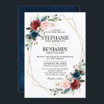 Romantic Burgundy Navy Blue Floral Geometric Kaart<br><div class="desc">De elegante en moderne romantische geometrische waterverf florale bruiloft is voorzien van een bouquet van bogundy / marsala , wazige roze , Paars , perzik , marineblauw waterverf rozen met bijpassend loof . Ideaal voor een herfst-/midzomerbruiloft. Zoek meer overeenkomende design en variaties uit mijn winkel met 'blissweddingpaperie'. Je kunt contact...</div>