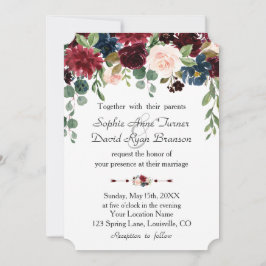 Romantic Burgundy Navy Blue Floral Wedding Kaart