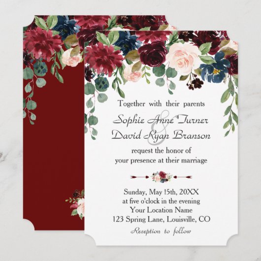 Romantic Burgundy Navy Blue Floral Wedding Kaart (Voorkant / Achterkant)