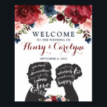 Romantic Burgundy Navy Rozen Love Quotes Weddensch Poster<br><div class="desc">Dit mooie trouwwelkomstbord kenmerkt de mooie hand geschilderde waterverf floral in een boer, jaloers en onbeleefd, in combinatie met silhouettes van Elizabeth Bennet en Mr Darcy, twee van de meest geliefde en iconische personages uit de Engelse literatuur, uit de romantische roman "Pride and Prejudice", geschreven door Jane Austen. Elk silhouet...</div>