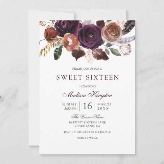 Romantic Burgundy Paars Plum Floral Sweet 16 Kaart (Voorkant)