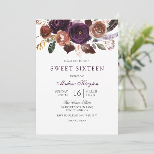 Romantic Burgundy Paars Plum Floral Sweet 16 Kaart (Staand voorkant)