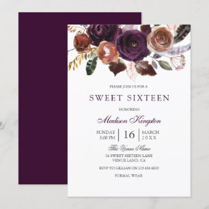 Romantic Burgundy Paars Plum Floral Sweet 16 Kaart
