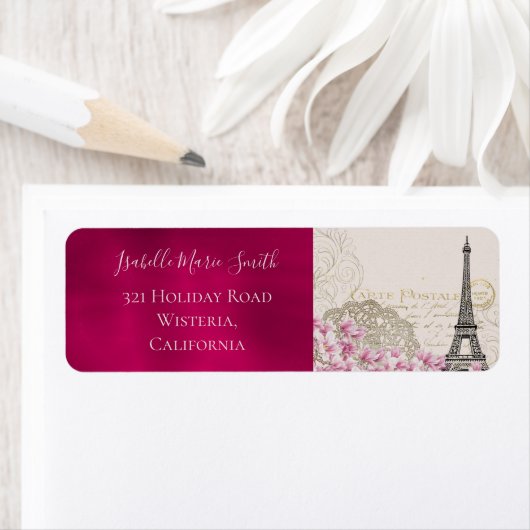 Romantic Burgundy Paris Eiffeltoren Roze bloesems Etiket (Insitu)