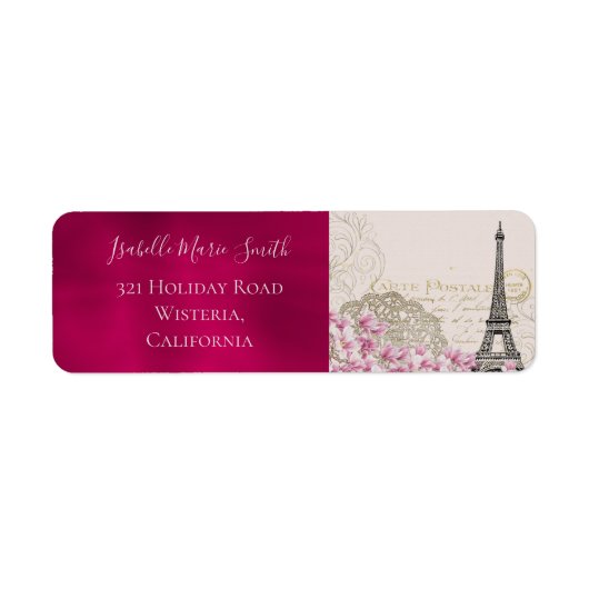 Romantic Burgundy Paris Eiffeltoren Roze bloesems Etiket (Voorkant)