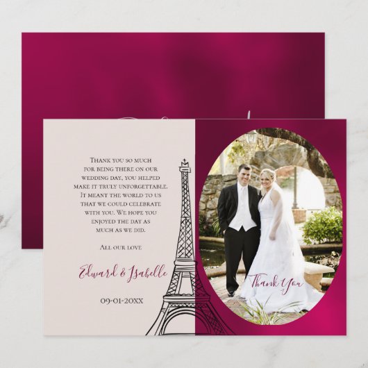 Romantic Burgundy & Pink Eifel Tower Couple Foto Bedankkaart (Voorkant / Achterkant)